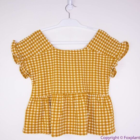 NEW Madewell Gingham Knit Ruffle-Hem Top, color: gold, L - Picture 9 of 16